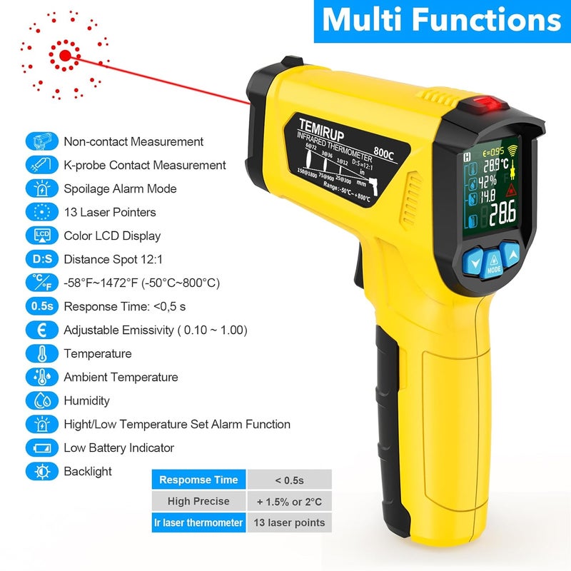 Temirup Infrared Thermometer Gun, Non Contact Digital Laser Temperature Gun with K-Probe for Industrial, Cooking, Griddle,Engine, HVAC, Humidity,Adjustable Emissivity -58°F to 1472°F(-50~800°C) - Image 2